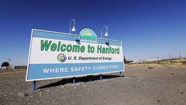 A sign at the Hanford Nuclear Reservation is posted near Richland, Washington.