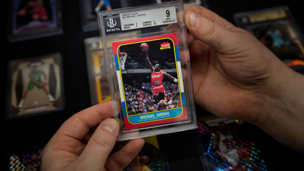 A Michael Jordan rookie card on sale at Melbourne's Cherry card store for $15,000.