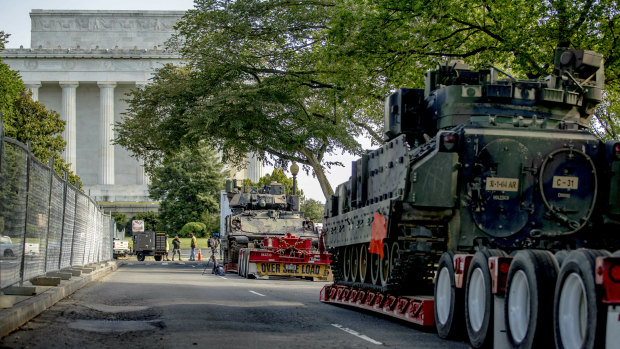 Two Bradley Fighting Vehicles are parked near the Lincoln Memorial in Washington ahead of Independence Day.