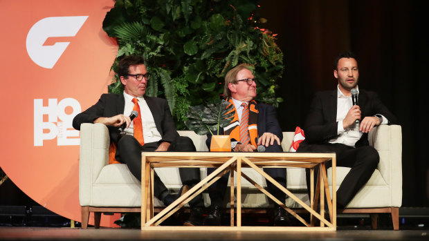 GWS football boss Wayne Campbell, inaugural coach Kevin Sheedy and director Jimmy Bartel speak at the club's grand final lunch on Wednesday.