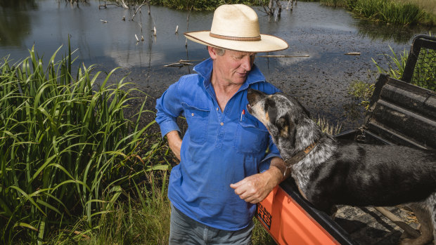 Braidwood farmer Martin Royds, with his dog Mitzy. Mr Royds transformed what was once a dry erosion gully into this functioning waterway.