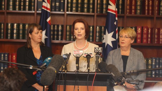 Julia Gillard, flanked by Nicola Roxon and Jenny Macklin, announce the commissioners for the royal commission into child sexual abuse in January 2013.