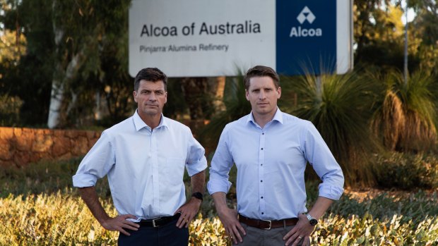 Energy Minister Angus Taylor and Canning MP Andrew Hastie at Alcoa's Alumina refinery south of Perth.