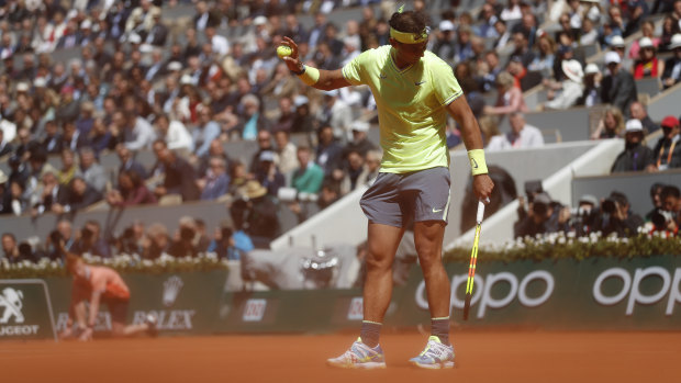Dust storm: Rafa Nadal asks for a pause in play as wind kicks up the red clay during the semi-final on Philippe-Chatrier court.