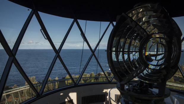 Inside the lantern room of Macquarie lighthouse.