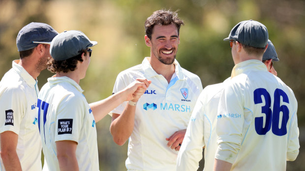 Mitchell Starc and the Blues celebrate a a wicket against Tasmania.
