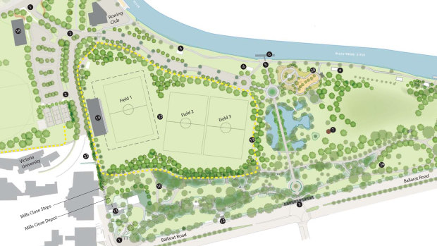 The updated Footscray Park masterplan. The three proposed soccer pitches occupy the large majority of the flat area in the west of the park.