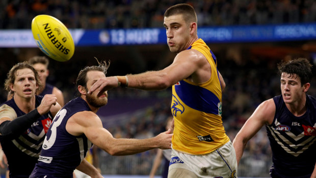 Elliot Yeo of the Eagles in action against the Dockers in the Western Derby.