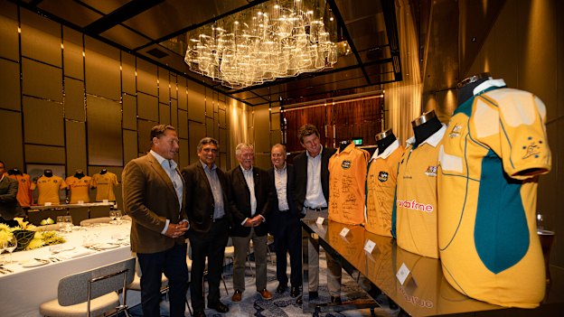 Rugby legends mull over which jersey to pick as permanent Wallabies colours.  From left, Phil Kearns, Gary Ella, Bob Dwyer, David Campese and Tim Gavin.