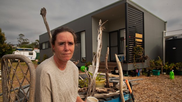 Brooke Robinson at her temporary modular house in Mallacoota. 