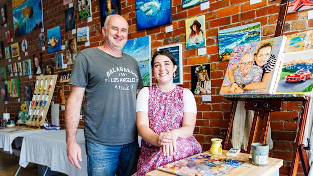 Rachel Grove in her Camberwell art studio with her partner Reinier Krol who is setting up a micro-bakery in the shop next door.