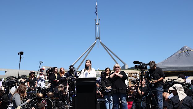 Brittany Higgins speaks at the March 4 Justice protest to rally against the Australian Parliament’s ongoing abuse and discrimination of women in Australia at Parliament House in Canberra on March 15.
