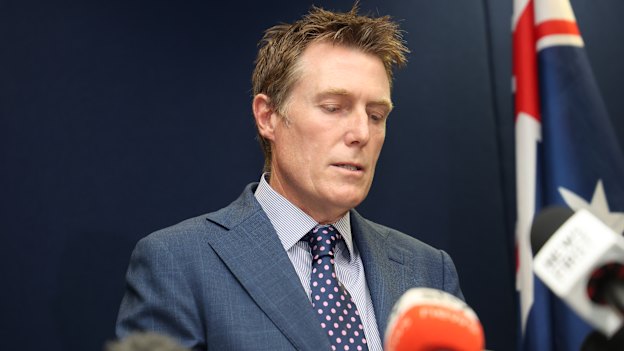 Christian Porter at the press conference in March last year in which he denied the rape allegations against him.
