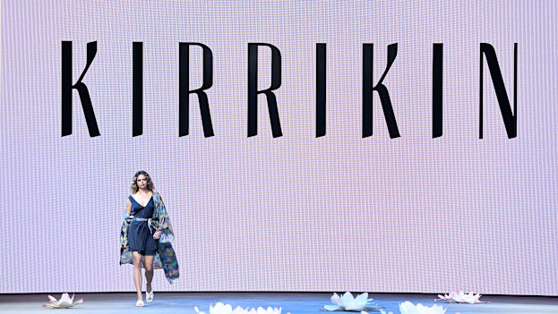 Samantha Harris walks for Kirrikin during the Indigenous Fashion Projects show at Australian Fashion Week.