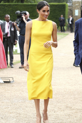 Hello, yellow ... Meghan, the Duchess of Sussex, wearing a Brandon Maxwell dress at an event in London on Thursday.