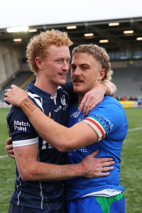 Try-scorers Jake Maizen and Lachlan Walmsley after the game.