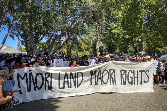 New Zealand Maori activists march onto the Waitangi Treaty House grounds ahead of the annual public meeting.