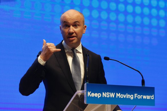 Treasurer Matt Kean on stage on Sunday at the Liberal Party’s state election campaign launch.