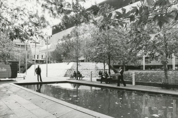 The water feature and pool of reflection in City Square.