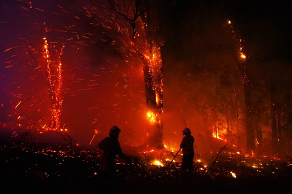 Firefighters face Gospers Mountain fire when it overran Colo Heights and was classified as an emergency.