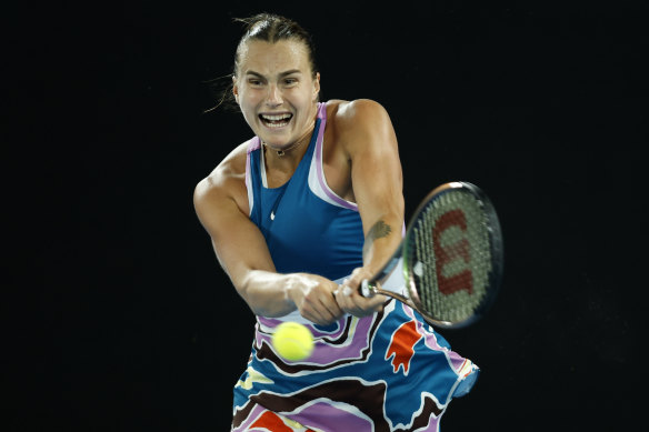 Aryna Sabalenka plays a backhand in the semi-final.