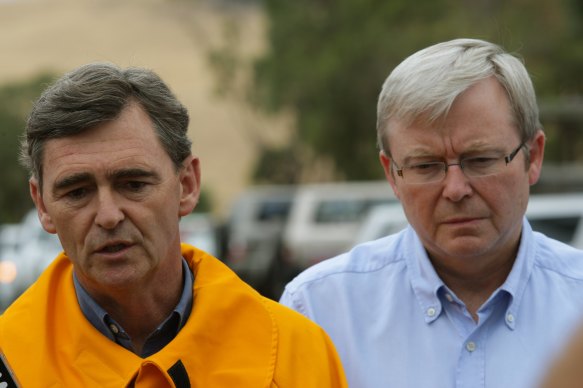 John Brumby (left) with then prime minister Kevin Rudd in February 2009, just two days before Black Saturday. 