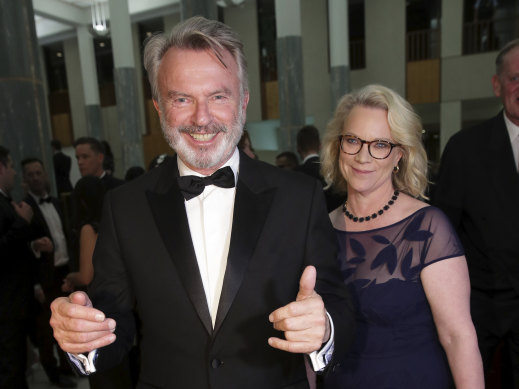 Sam Neill and Laura Tingle arrive for the Mid Winter Ball at Parliament House in  2018.