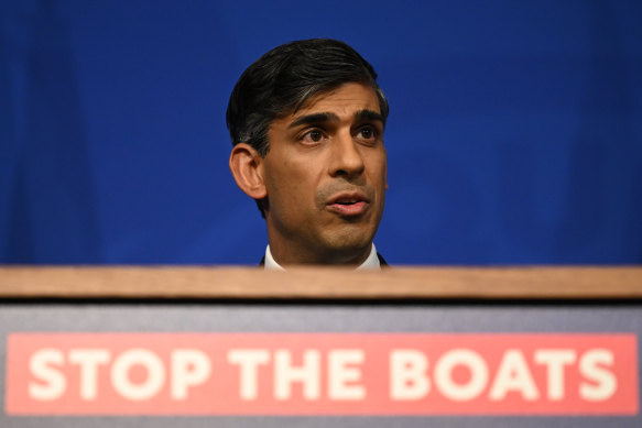 Britain’s Prime Minister Rishi Sunak holds a press conference, following the Supreme Court’s Rwanda policy judgement, at Downing Street in London.