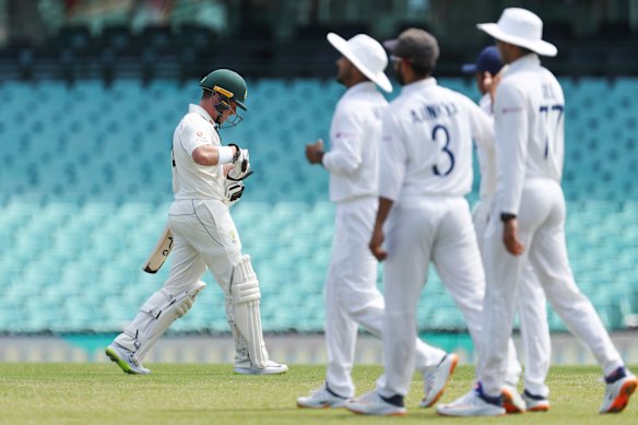 Marcus Harris departs the SCG after being dismissed.