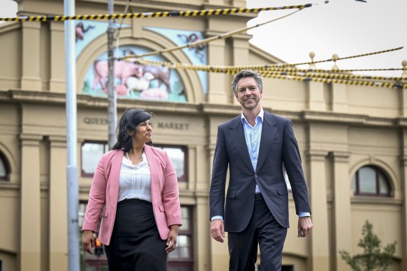 Lord Mayor Nick Reece and his deputy, Roshena Campbell, outside the Queen Victoria Market last month.