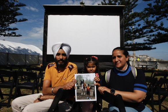 Agam’s parents, Avtar and Ritu Singh, and sister Akaalkitat Kaur Singh, aged five, were on Bondi Beach for Flickerfests’ Flickerup screening on Saturday. 