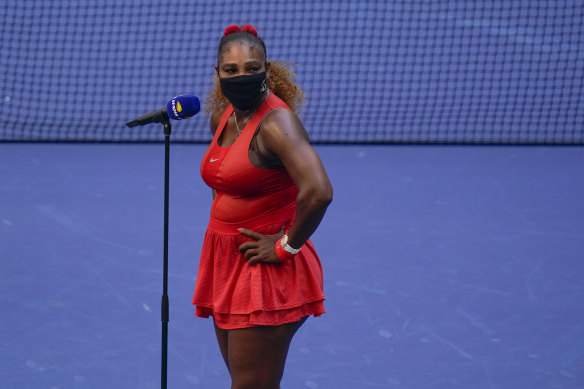 Serena Williams answers questions during an interview after defeating Sloane Stephens at the third round of the US Open.