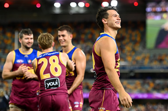 Cam Rayner smiles after the Lions’ win over the Saints.