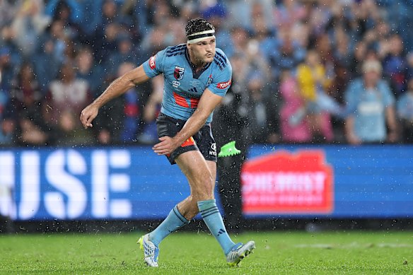 Kicking off: The Blues were unhappy at tardy tee delivery in Origin I.