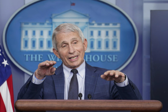 Anthony Fauci delivers a daily COVID-19 briefing at the White House in Washington in 2021.