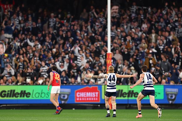 Tom Stewart of the Cats celebrates a goal.