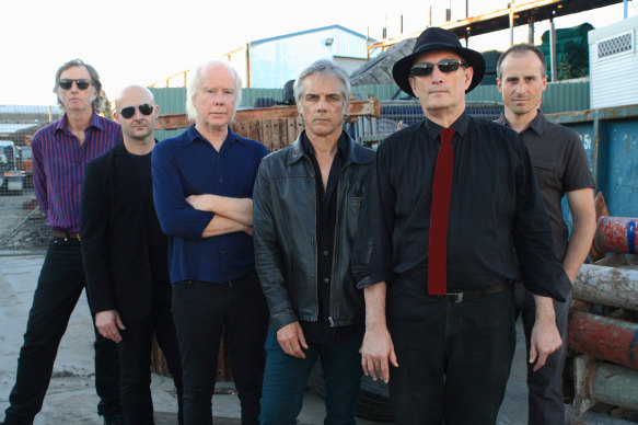 Radio Birdman today, from left: Jim Dickson (bass), Dave Kettley (guitar), Rob Younger (vocals), Deniz Tek (guitar), Pip Hoyle (keyboards), Nik Reith (drums).