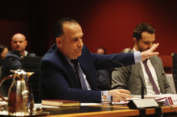 Racing NSW boss Peter V’landys at Friday’s inquiry into the potential sale of Rosehill Racecourse.