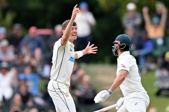 Ben Sears successfully appeals for lbw against Mitch Marsh. 