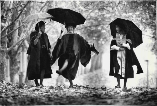 The Burgmann girls were the first three sisters in Australian history to be conferred with Doctorates of Philosophy. Meredith Burgmann, left, and Verity Burgmann, right, joined Beverly Firth-Burgman, who was awarded her PhD at a ceremony in Macquarie University in May 1987. Meredith and Verity were awarded doctorates from Macquarie some years earlier.
