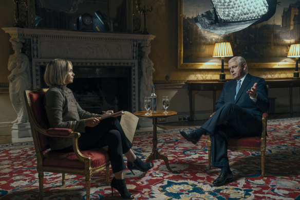 Ruth Wilson as Emily Maitlis and Michael Sheen as Prince Andrew in <i>A Very Royal Scandal.</i>