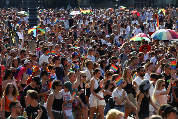 People attend the annual Pride march in Budapest, Hungary on July 15.