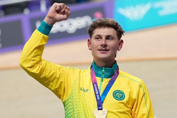 Gold medallist Blake Agnoletto of Australia during the medal ceremony for the men’s elimination race final. 