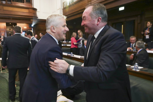 Deputy Prime Minister Michael McCormack greets Barnaby Joyce during the National Drought Summit held at Old Parliament House in Canberra 2018. 