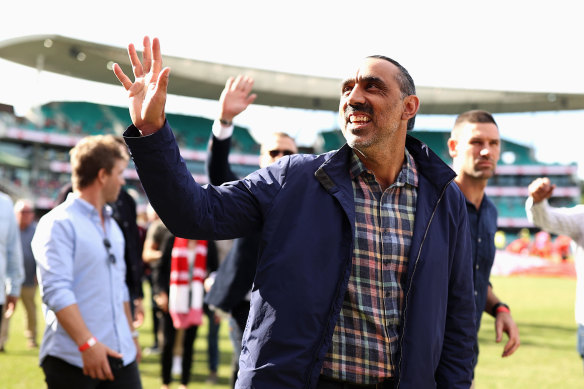 Adam Goodes at the Swans’ 2012 premiership reunion in May being cheered by the SCG crowd.