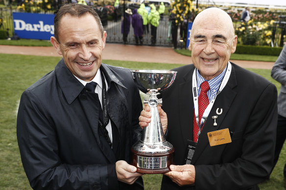 Chris Waller and Rod Lyons after winning the Darley Sprint Classic at Flemington in 2019.