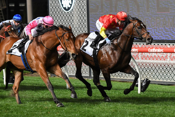 Fellow Everest hopeful Wild Ruler (rails) holds off The Inferno in the William Reid Stakes at Moonee Valley last month.