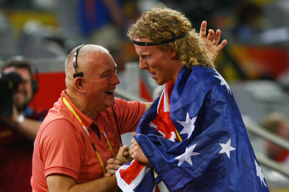 The late Maurie Plant, left, with Steve Hooker at the Beijing Games.