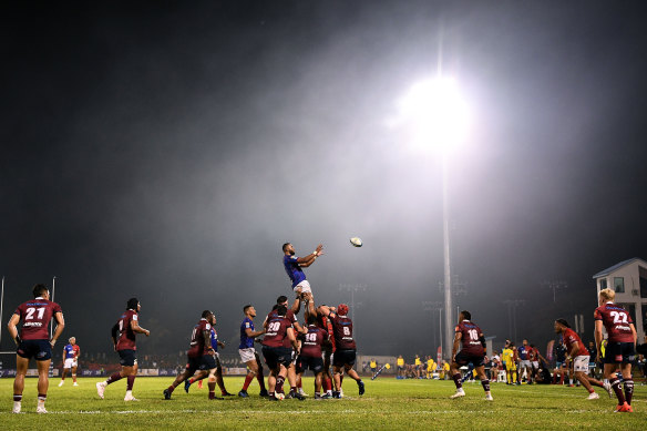 Sione Tu’ipulotu of Moana Pasifika  collects the ball from a lineout.