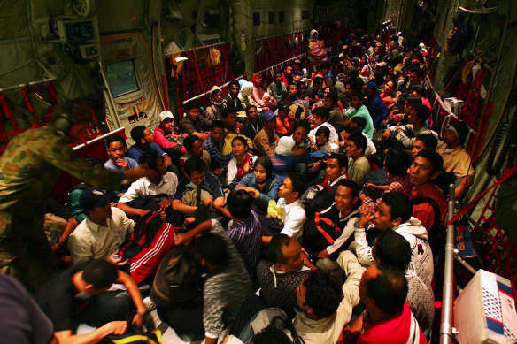 A RAAF Hercules evacuates refugees from Banda Aceh after the tsunami.